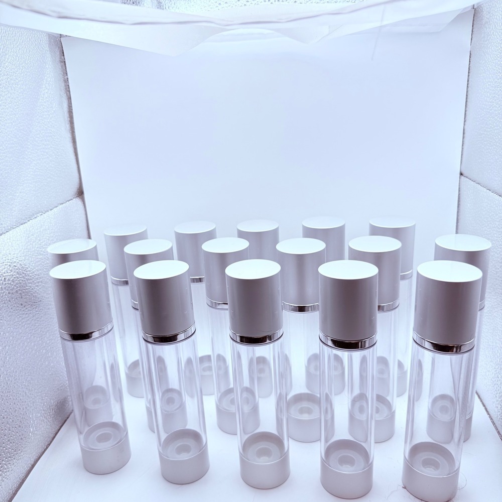 Lot of 15 Clear Airless Pump Bottles Silver Caps 50ml Travel Size
